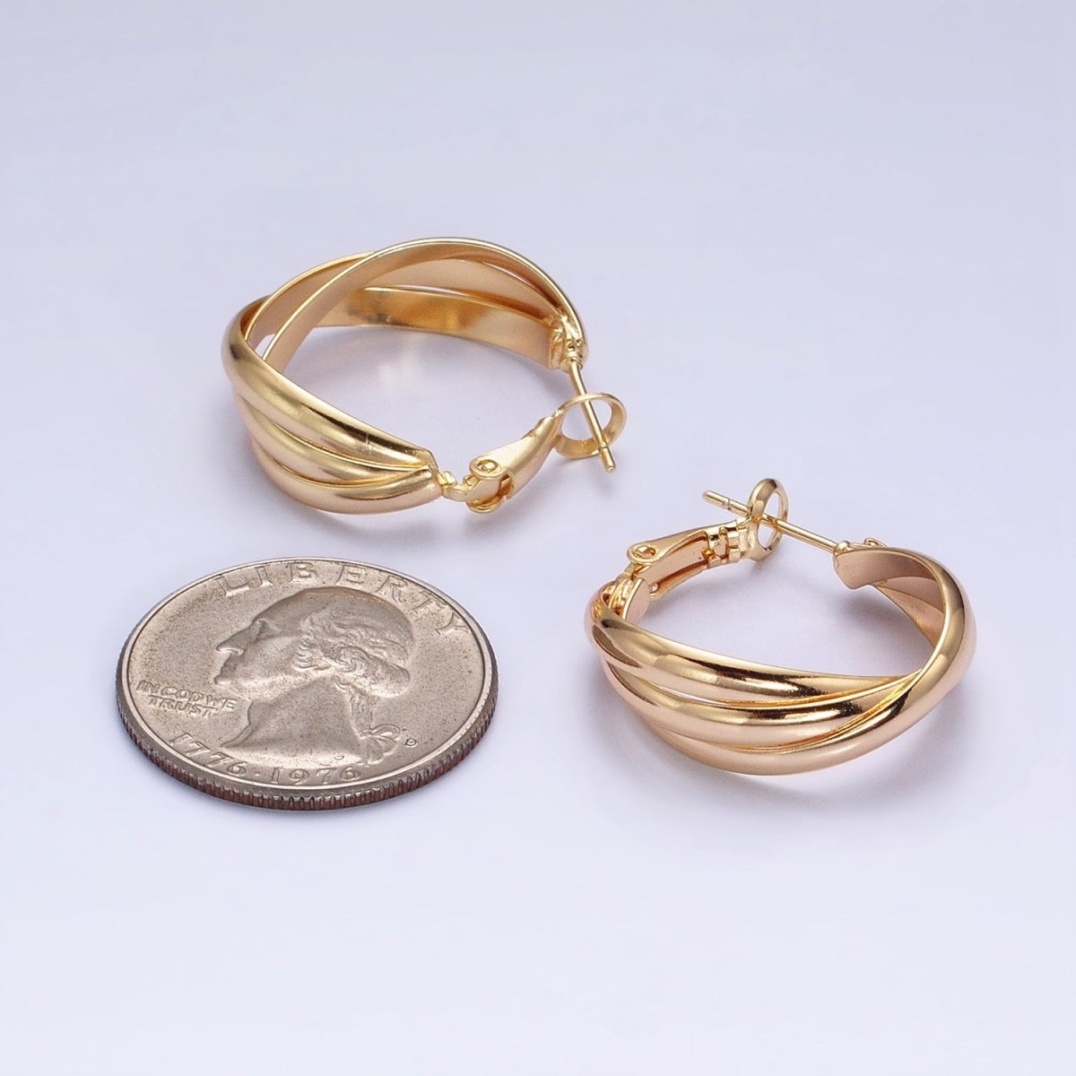 16K Gold Filled 25mm Triple Flat Bar Band X Hinge Hoop Earrings in Gold & Silver | AD1291 AD1292