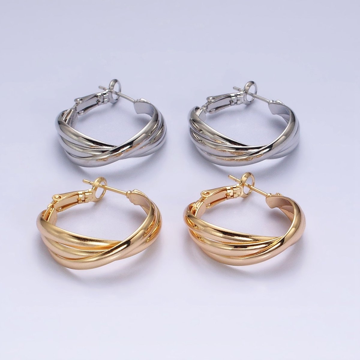 16K Gold Filled 25mm Triple Flat Bar Band X Hinge Hoop Earrings in Gold & Silver | AD1291 AD1292