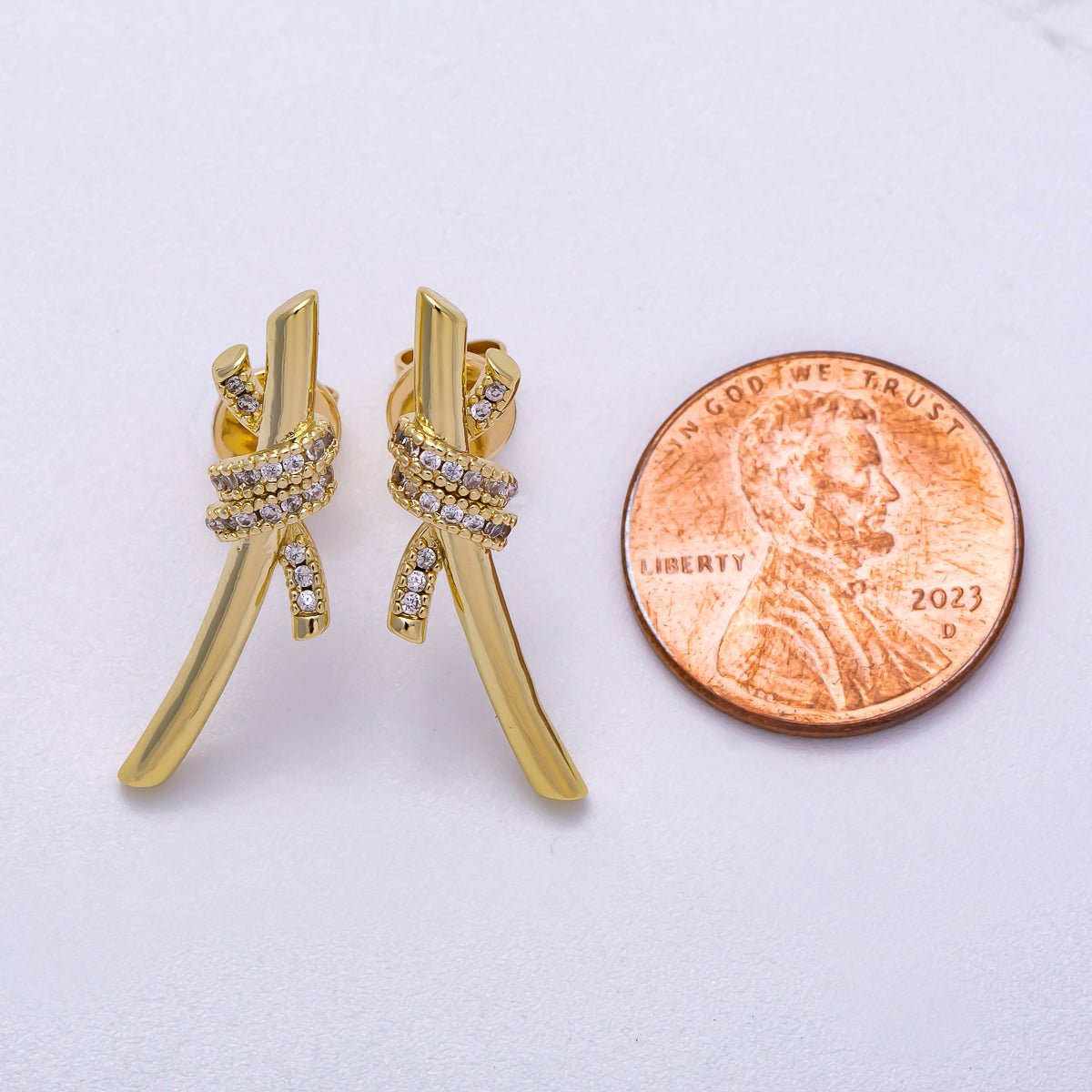 16K Gold Filled 26mm Micro Paved CZ Knot Stud Earrings in Gold & Silver | Earrings-00333 Earrings-00334