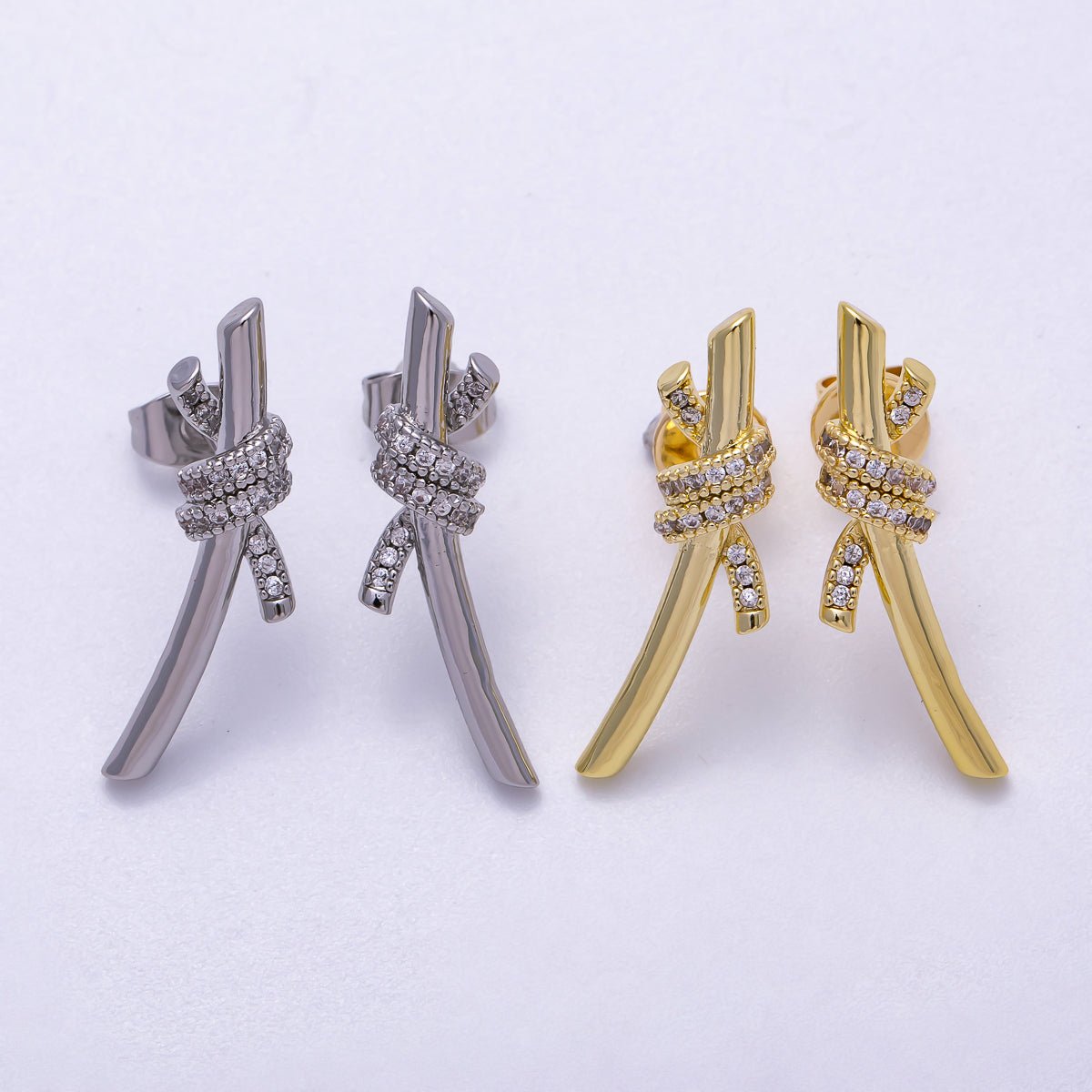 16K Gold Filled 26mm Micro Paved CZ Knot Stud Earrings in Gold & Silver | Earrings-00333 Earrings-00334