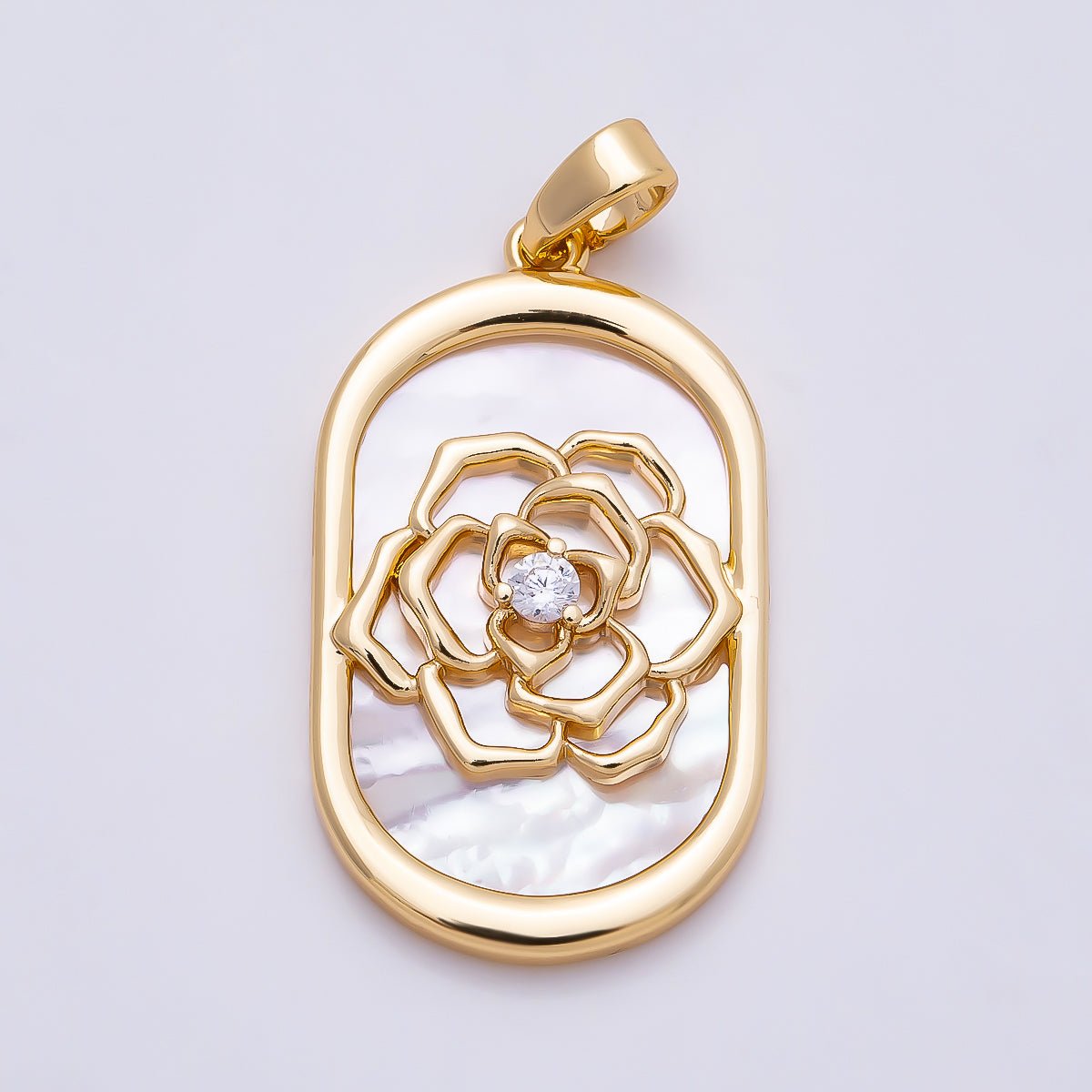 16K Gold Filled 27mm CZ Shell Pearl Rose Flower Oblong Oval Bezel Pendant in Gold & Silver | Charms-01360 - Charms-01361
