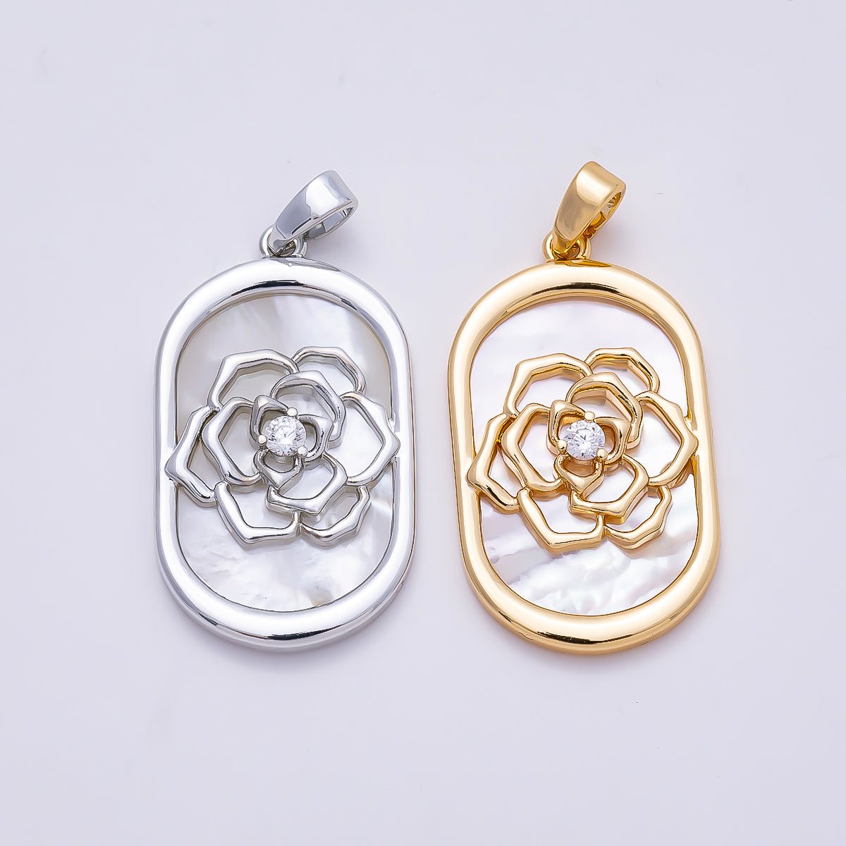 16K Gold Filled 27mm CZ Shell Pearl Rose Flower Oblong Oval Bezel Pendant in Gold & Silver | Charms-01360 - Charms-01361