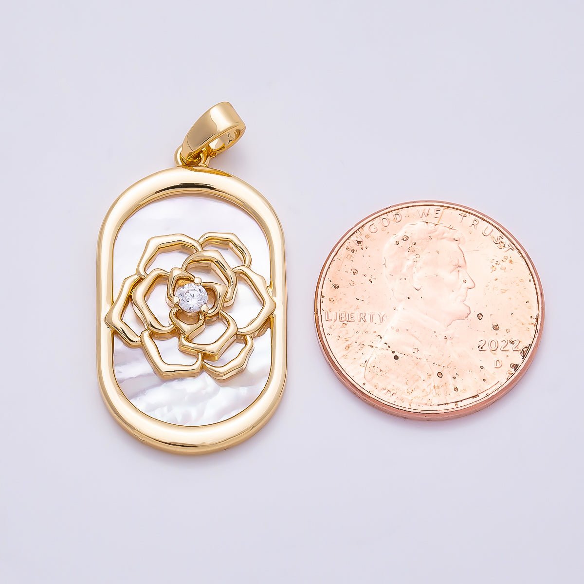 16K Gold Filled 27mm CZ Shell Pearl Rose Flower Oblong Oval Bezel Pendant in Gold & Silver | Charms-01360 - Charms-01361