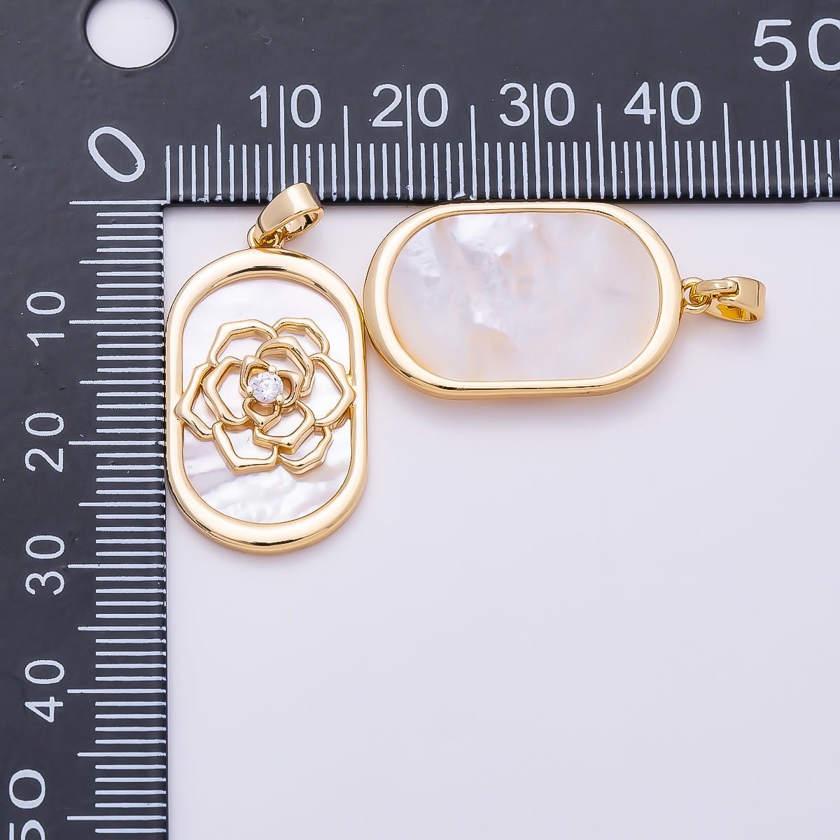 16K Gold Filled 27mm CZ Shell Pearl Rose Flower Oblong Oval Bezel Pendant in Gold & Silver | Charms-01360 - Charms-01361