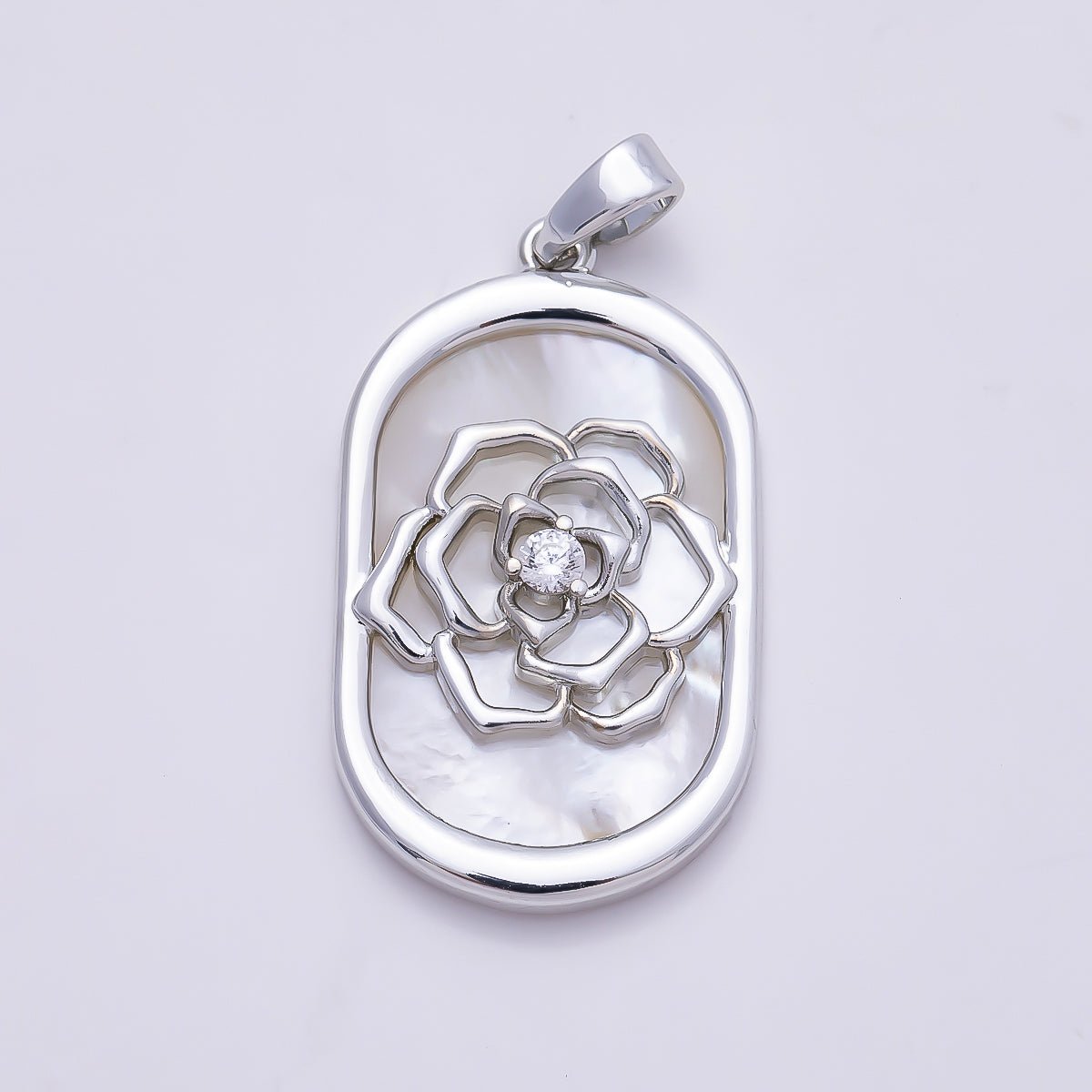 16K Gold Filled 27mm CZ Shell Pearl Rose Flower Oblong Oval Bezel Pendant in Gold & Silver | Charms-01360 - Charms-01361