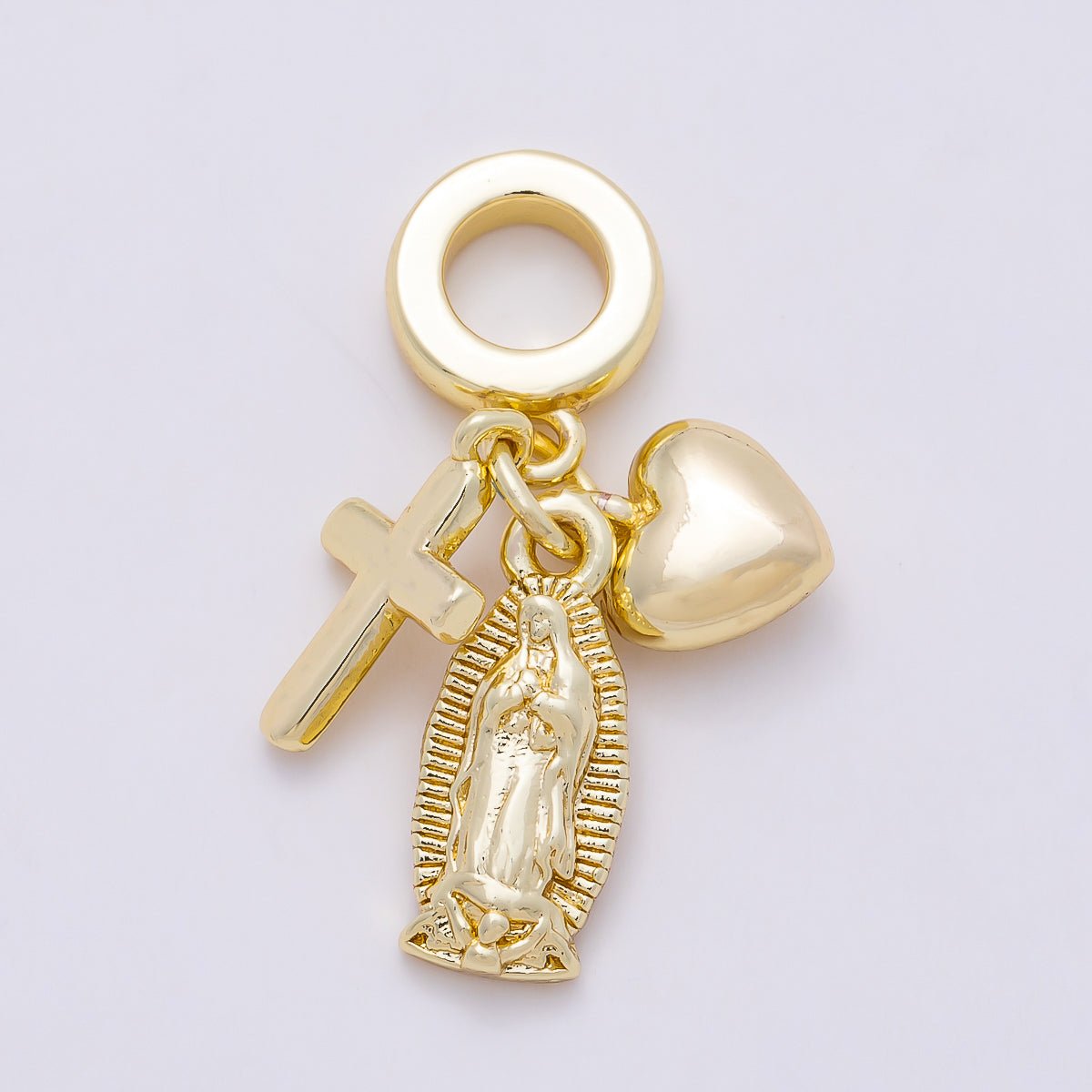 16K Gold Filled 27mm Religious Chubby Heart Cross Mother Mary Sunburst Drop Rondelle Pendant | Charms-01155