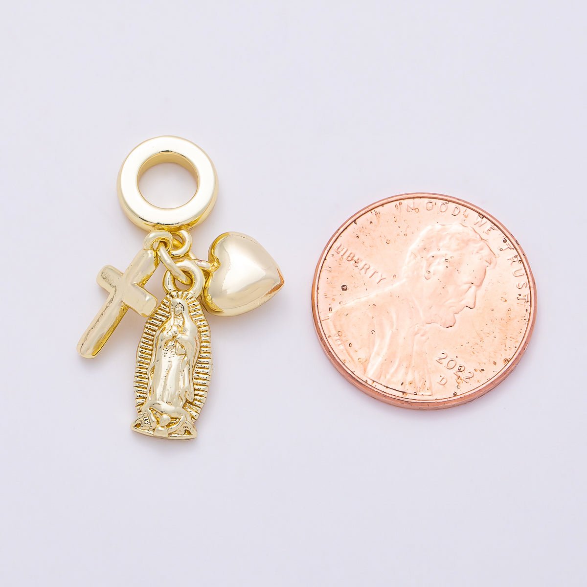 16K Gold Filled 27mm Religious Chubby Heart Cross Mother Mary Sunburst Drop Rondelle Pendant | Charms-01155