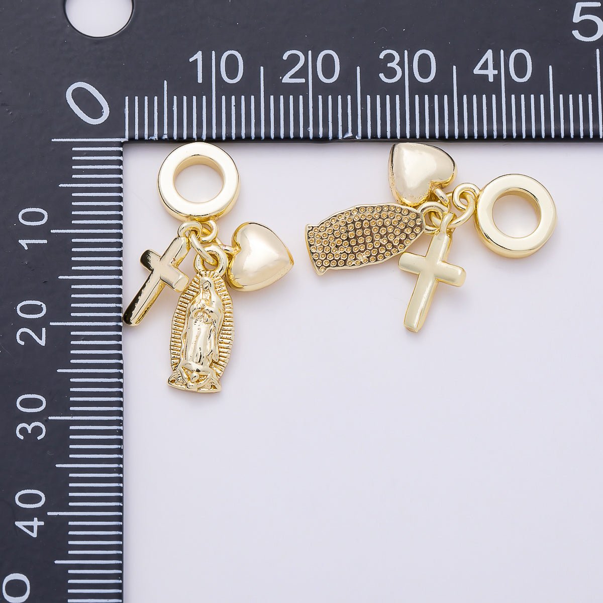 16K Gold Filled 27mm Religious Chubby Heart Cross Mother Mary Sunburst Drop Rondelle Pendant | Charms-01155