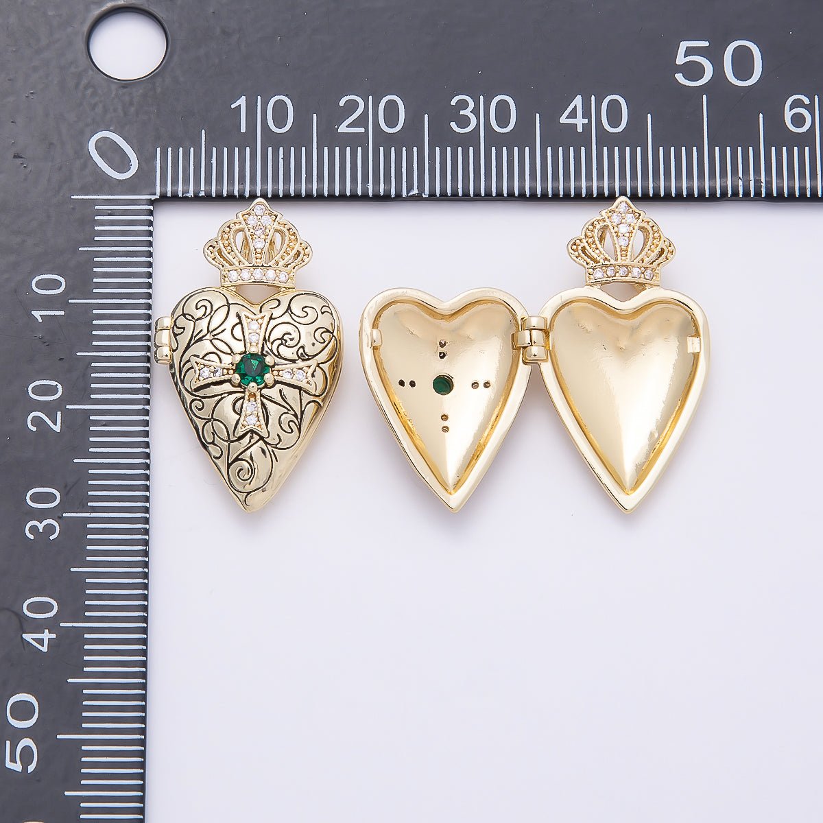 16K Gold Filled 28mm Green CZ Micro Paved Passion Cross Engraved Heart Crown Locket Pendant | Charms-01034