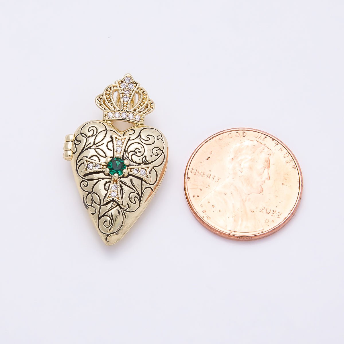 16K Gold Filled 28mm Green CZ Micro Paved Passion Cross Engraved Heart Crown Locket Pendant | Charms-01034