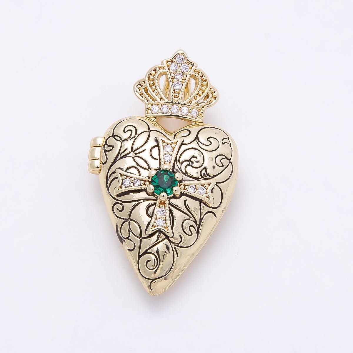 16K Gold Filled 28mm Green CZ Micro Paved Passion Cross Engraved Heart Crown Locket Pendant | Charms-01034