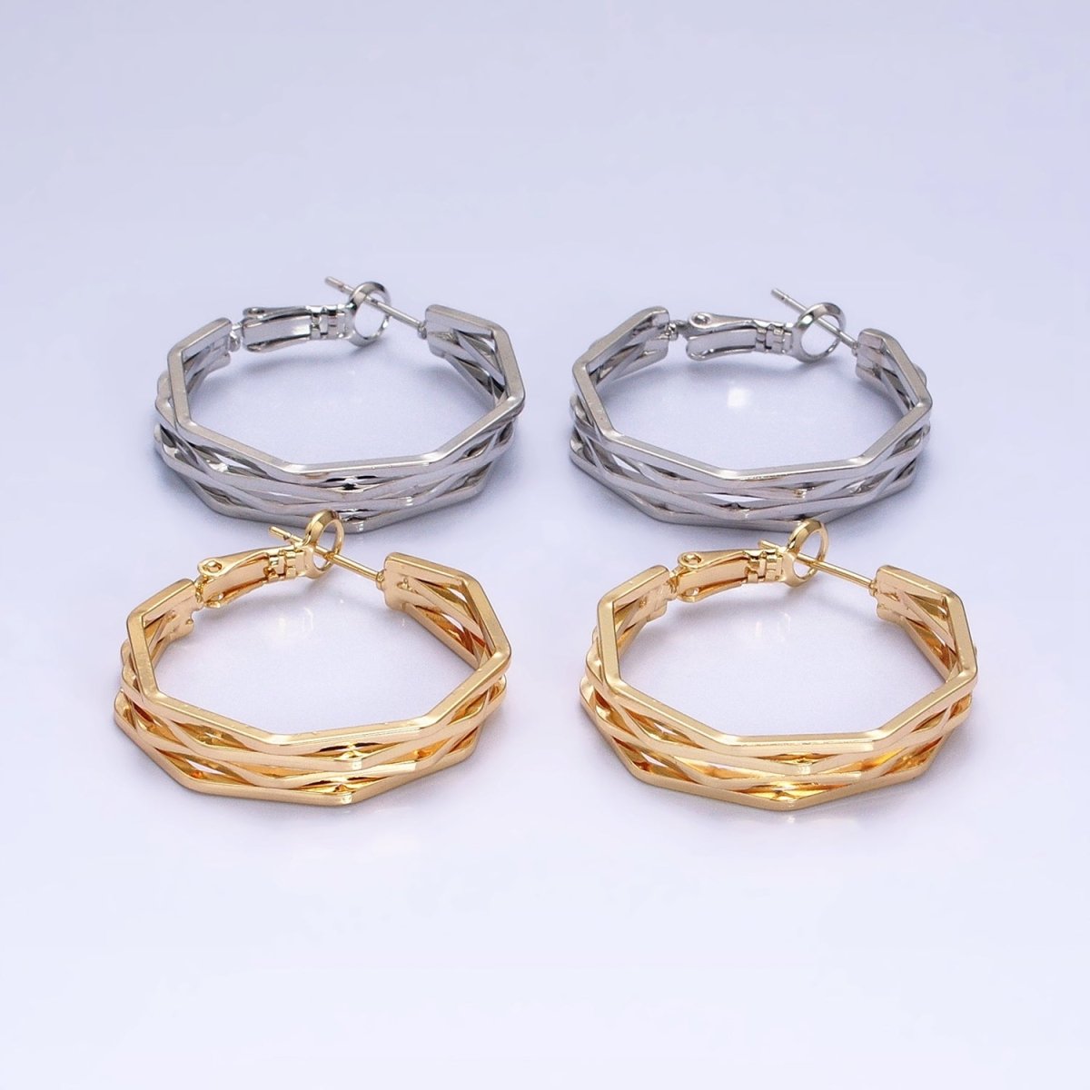 16K Gold Filled 30mm Hexagonal Multiple Band Hinge Hoop Earrings in Gold & Silver | AE037 AE038