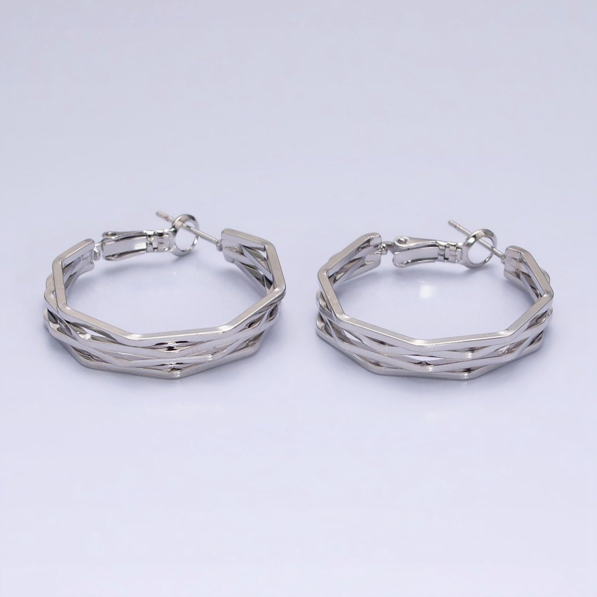 16K Gold Filled 30mm Hexagonal Multiple Band Hinge Hoop Earrings in Gold & Silver | AE037 AE038