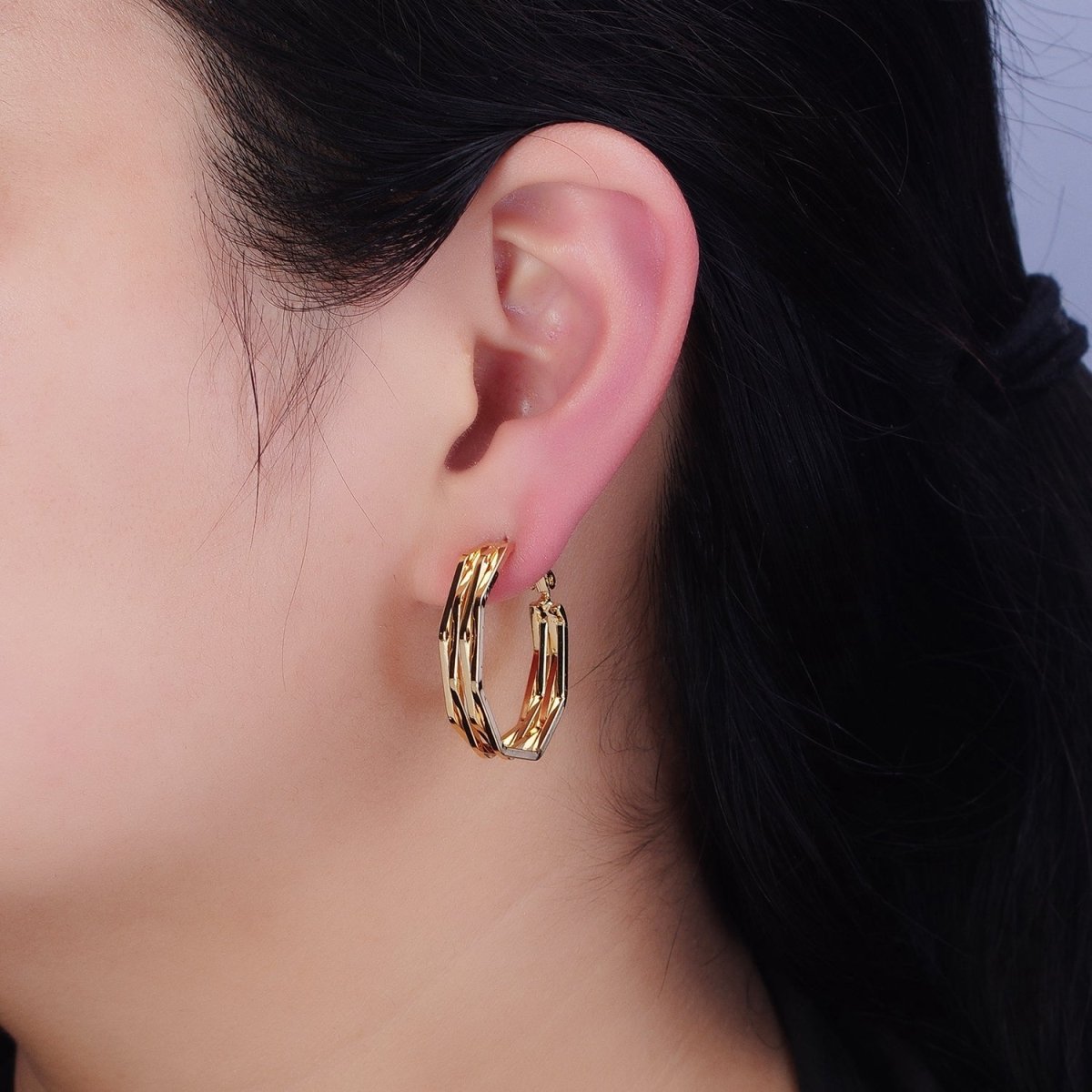 16K Gold Filled 30mm Hexagonal Multiple Band Hinge Hoop Earrings in Gold & Silver | AE037 AE038
