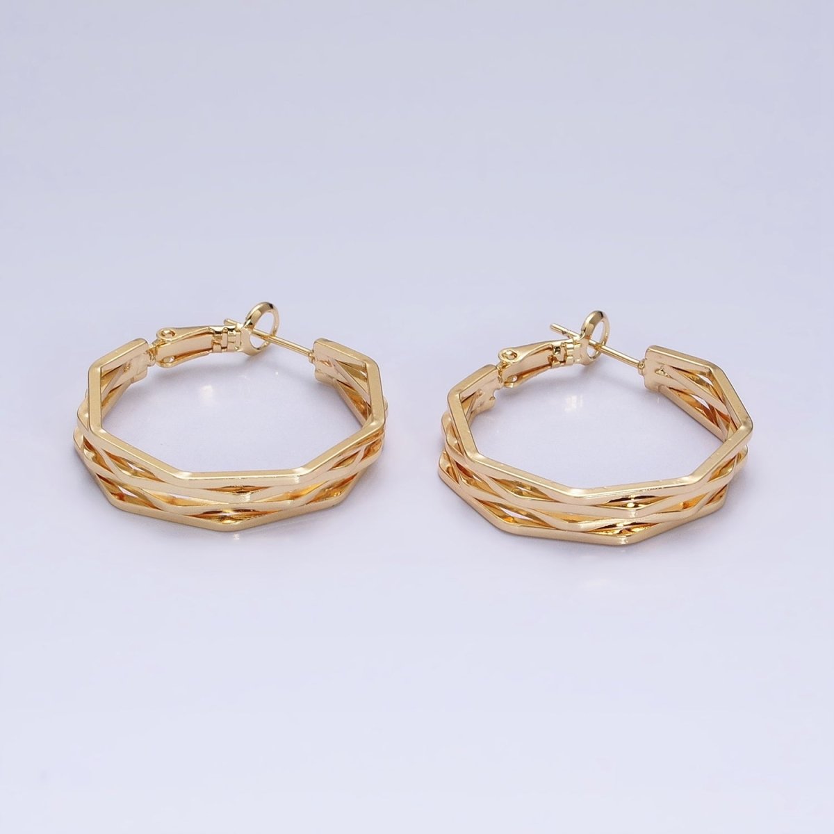 16K Gold Filled 30mm Hexagonal Multiple Band Hinge Hoop Earrings in Gold & Silver | AE037 AE038