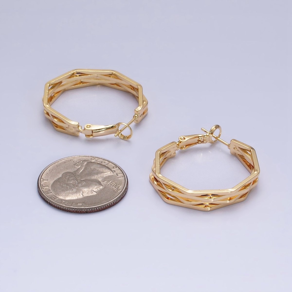 16K Gold Filled 30mm Hexagonal Multiple Band Hinge Hoop Earrings in Gold & Silver | AE037 AE038
