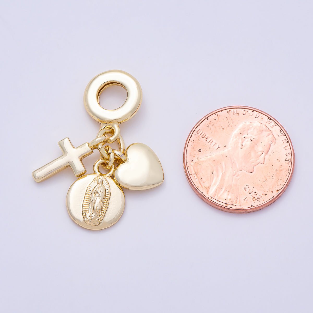 16K Gold Filled 30mm Religious Heart Cross Mother Mary Minimalist Drop Rondelle Pendant | Charms-01152