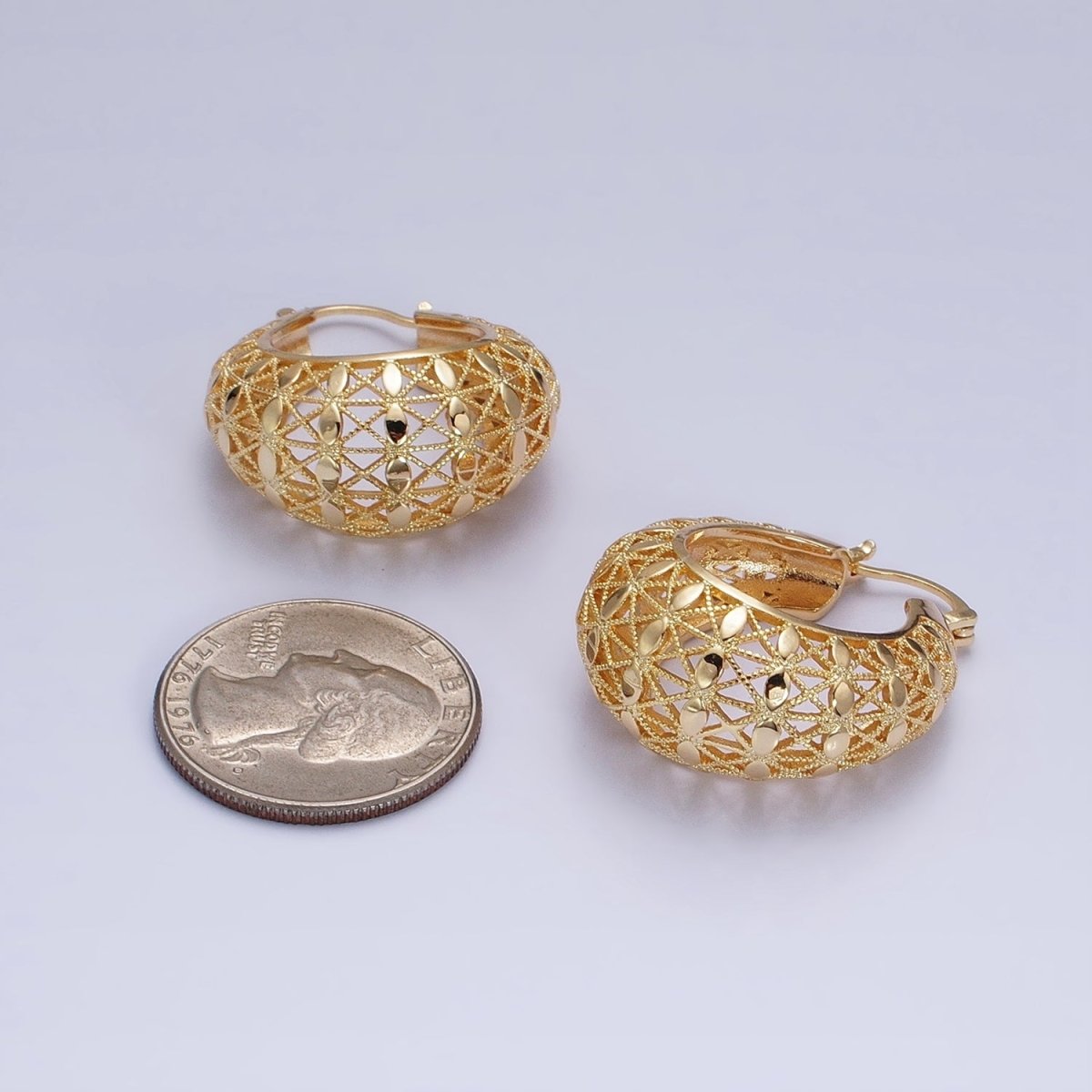 16K Gold Filled 30mm Sphere Dotted Dome Filigree French Lock Latch Earrings in Gold & Silver | AE021 AE022