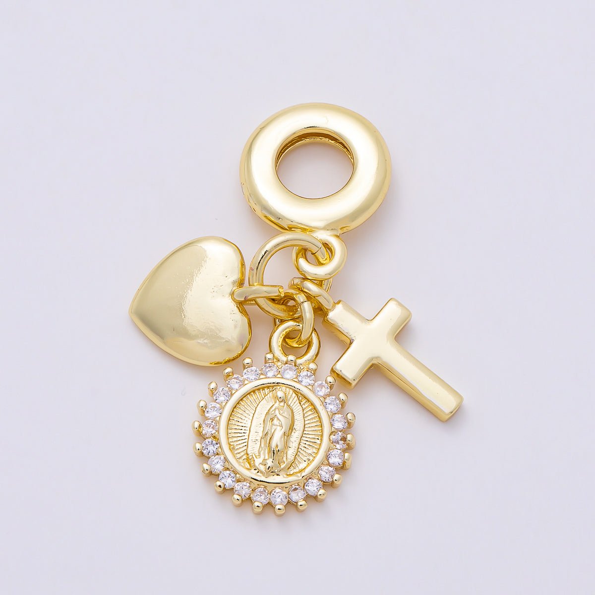 16K Gold Filled 31mm Religious Heart Cross Mother Mary CZ Round Drop Rondelle Pendant | Charms-01157