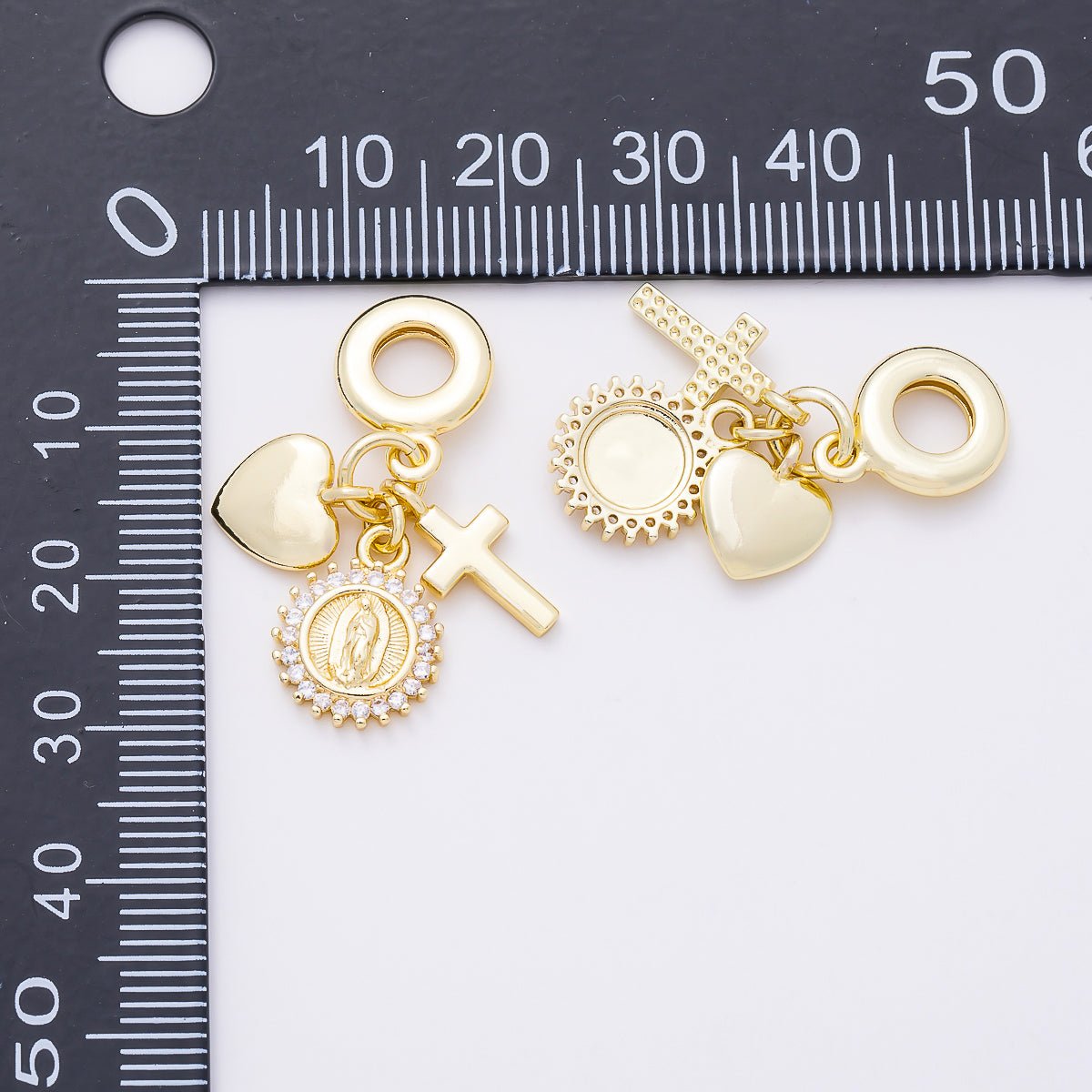 16K Gold Filled 31mm Religious Heart Cross Mother Mary CZ Round Drop Rondelle Pendant | Charms-01157