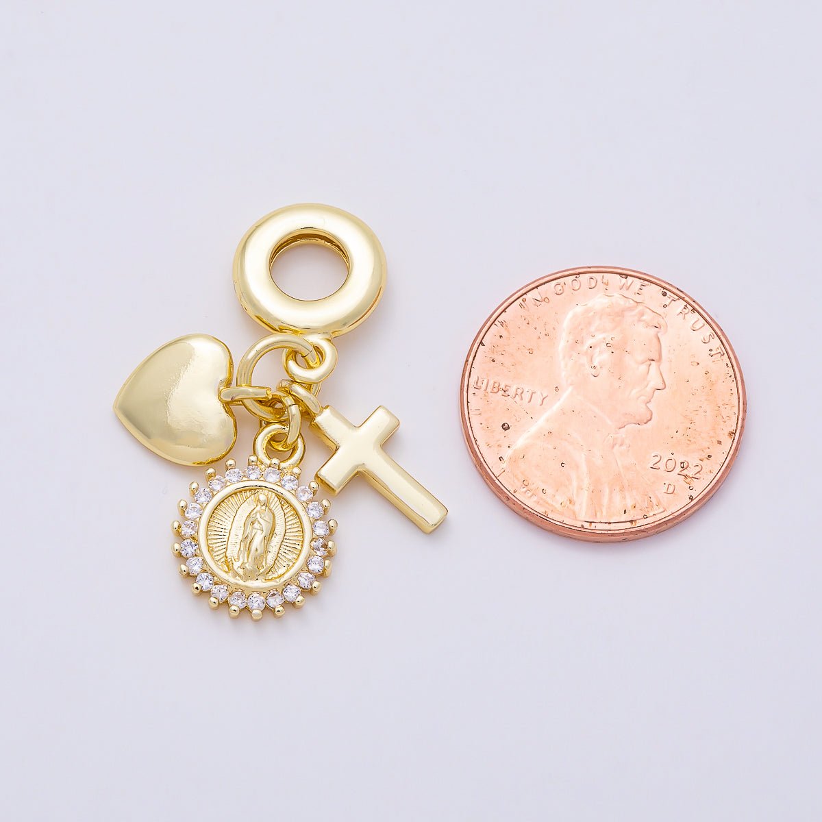 16K Gold Filled 31mm Religious Heart Cross Mother Mary CZ Round Drop Rondelle Pendant | Charms-01157