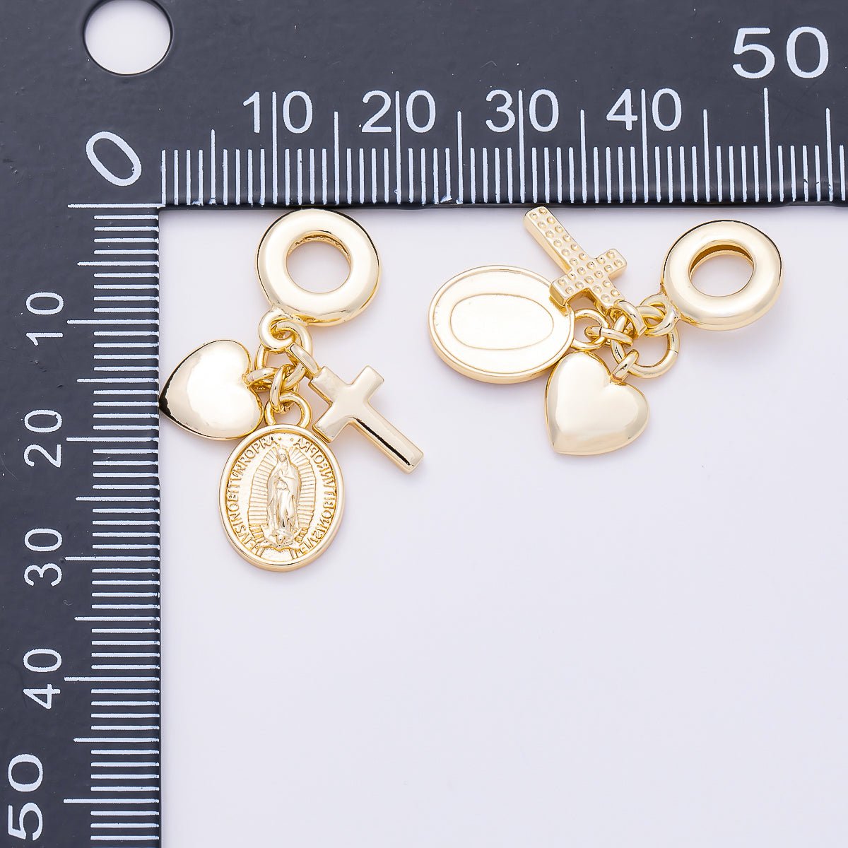 16K Gold Filled 32mm Religious Heart Cross Mother Mary Sunburst Latin Prayer Drop Rondelle Pendant | Charms-01154
