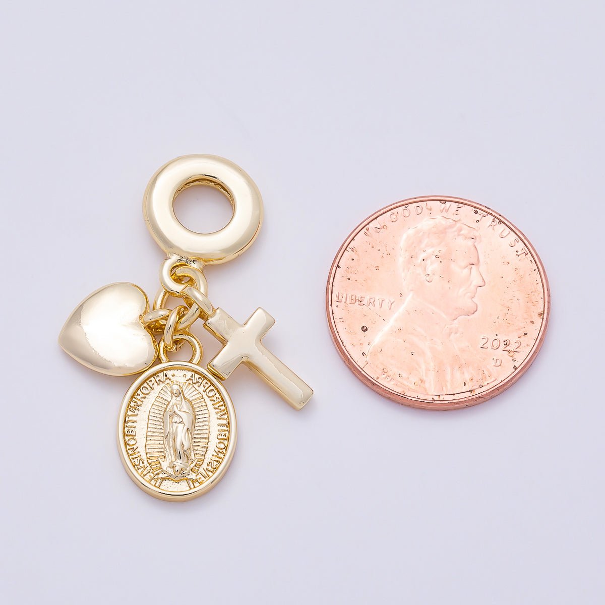 16K Gold Filled 32mm Religious Heart Cross Mother Mary Sunburst Latin Prayer Drop Rondelle Pendant | Charms-01154