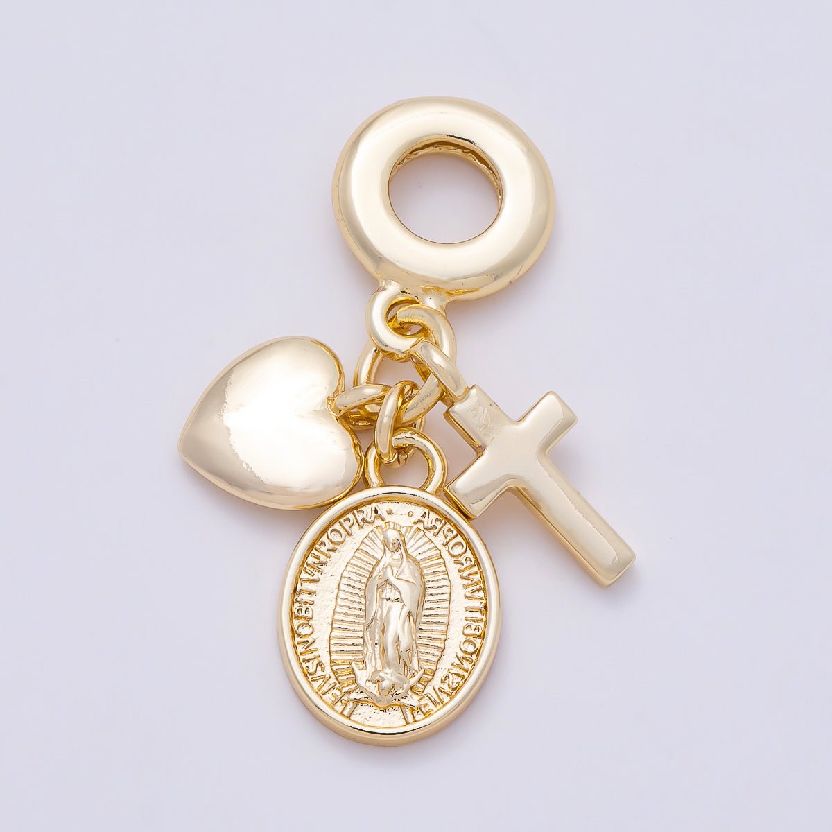 16K Gold Filled 32mm Religious Heart Cross Mother Mary Sunburst Latin Prayer Drop Rondelle Pendant | Charms-01154