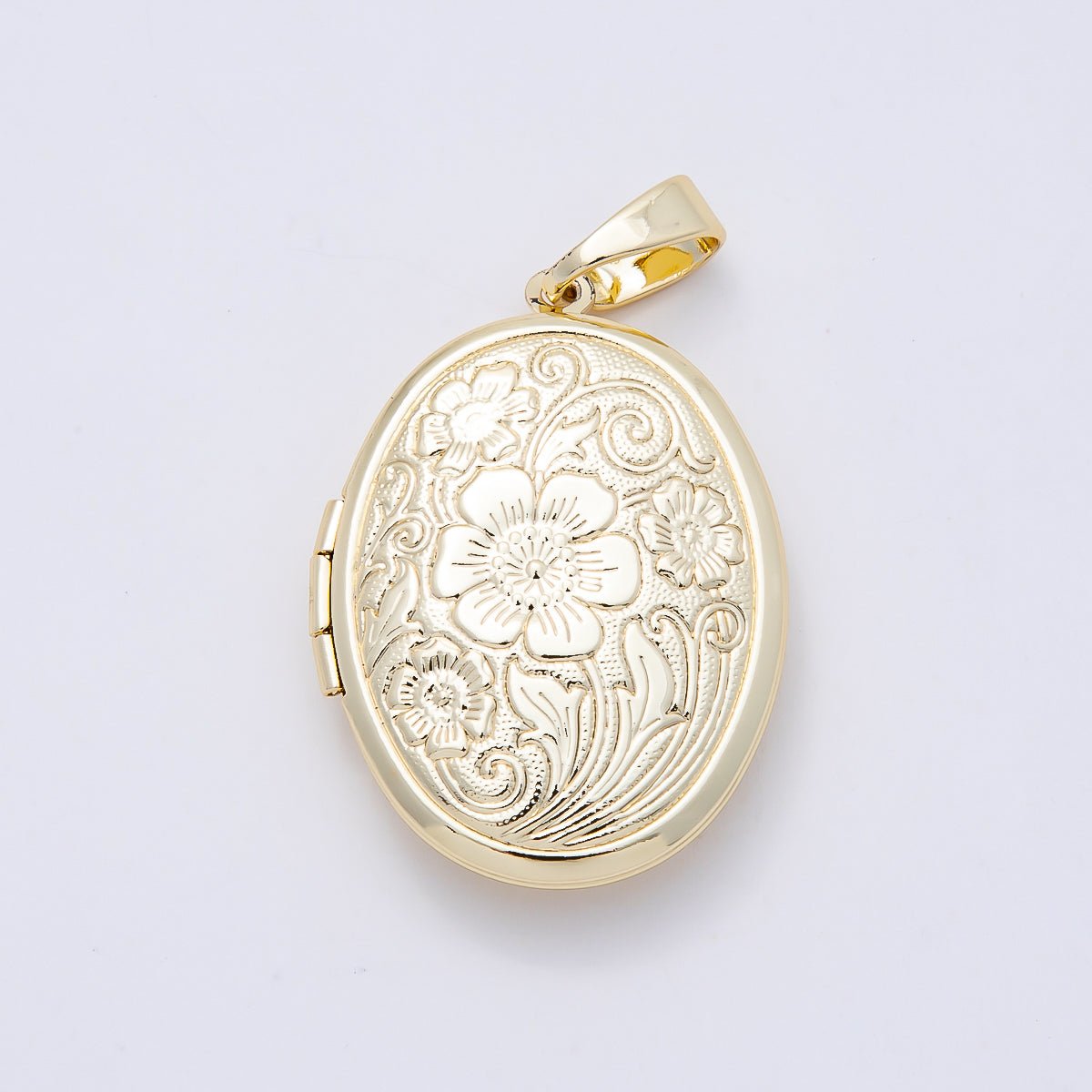16K Gold Filled 33mm Flower Engraved Oval Locket Pendant | Charms-01098
