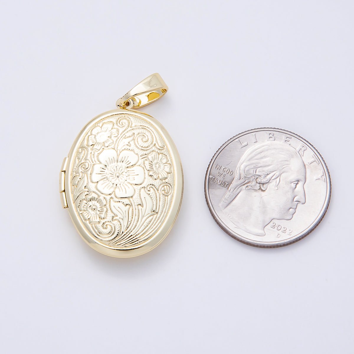 16K Gold Filled 33mm Flower Engraved Oval Locket Pendant | Charms-01098