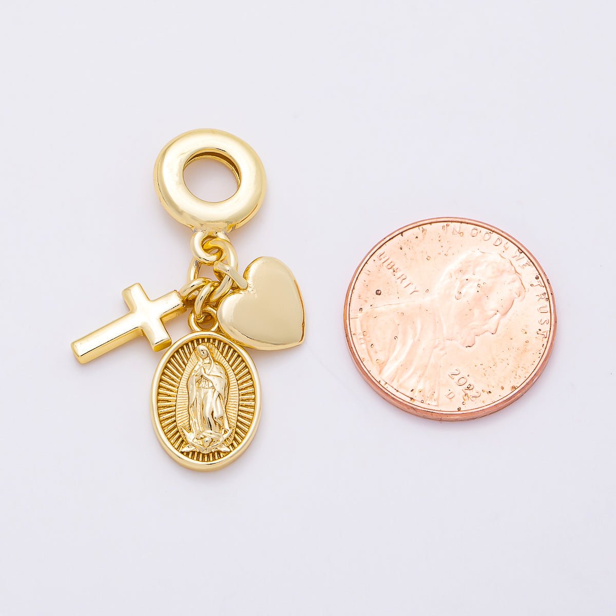 16K Gold Filled 33mm Religious Heart Cross Mother Mary Sunburst Oval Drop Rondelle Pendant | Charms-01153