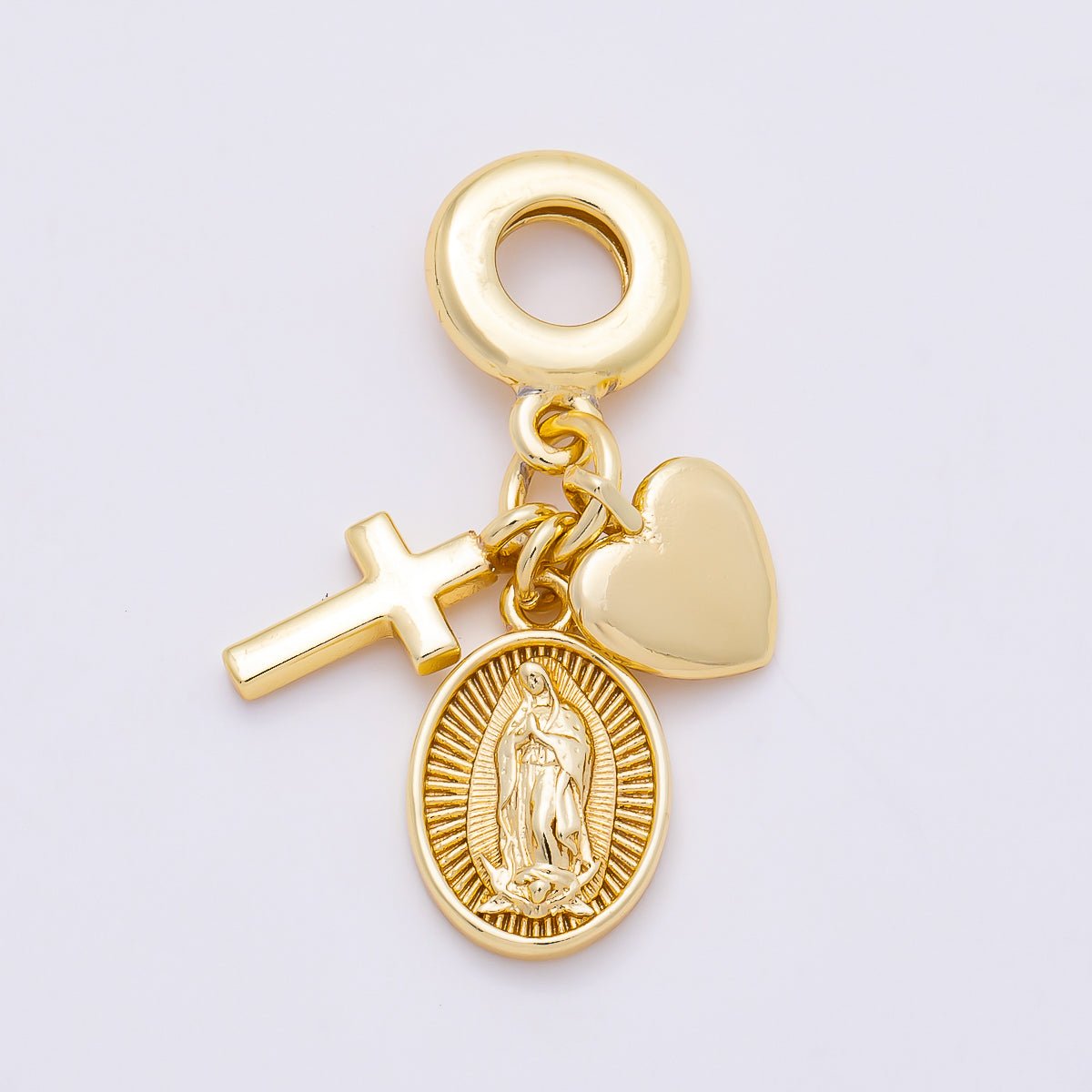 16K Gold Filled 33mm Religious Heart Cross Mother Mary Sunburst Oval Drop Rondelle Pendant | Charms-01153