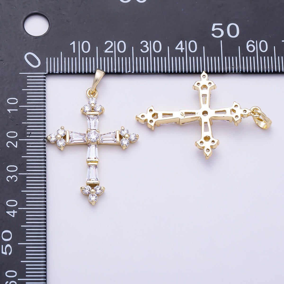 16K Gold Filled 35mm Clear CZ Baguette Micro Paved Religious Cross Pendant | Charms-01380