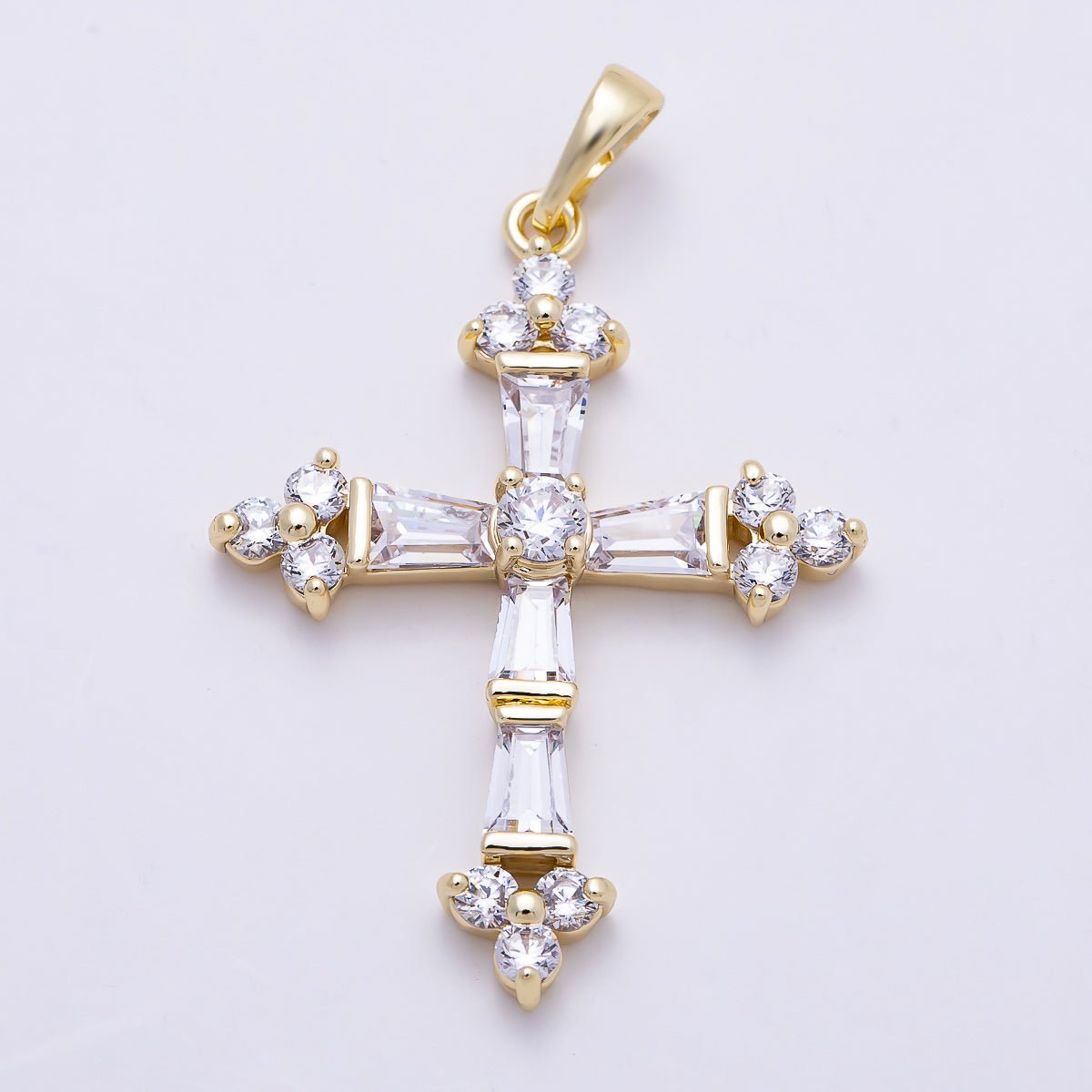 16K Gold Filled 35mm Clear CZ Baguette Micro Paved Religious Cross Pendant | Charms-01380