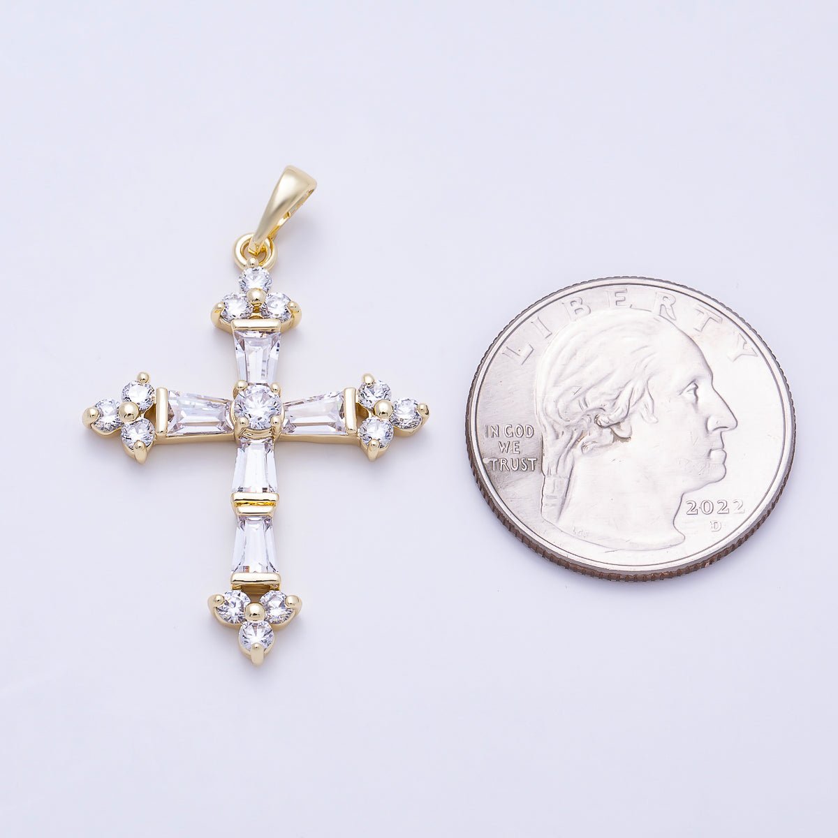 16K Gold Filled 35mm Clear CZ Baguette Micro Paved Religious Cross Pendant | Charms-01380