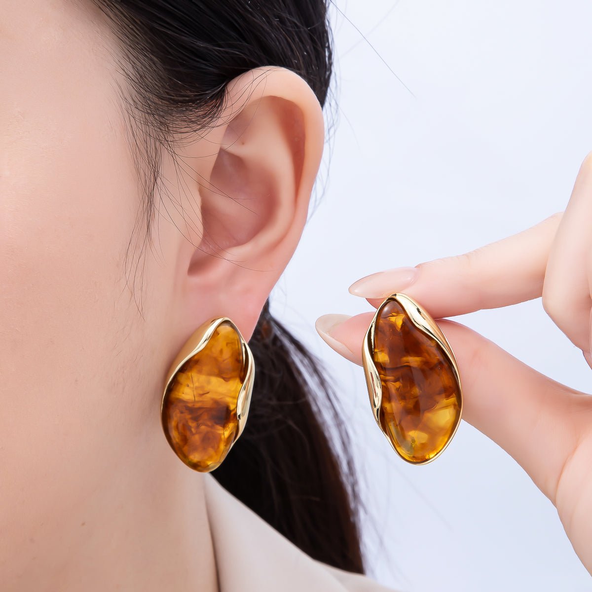 16K Gold Filled 36mm Tortoise Shell, Creamy White Resin Molten Stud Earrings | Earrings-00361 Earrings-00362