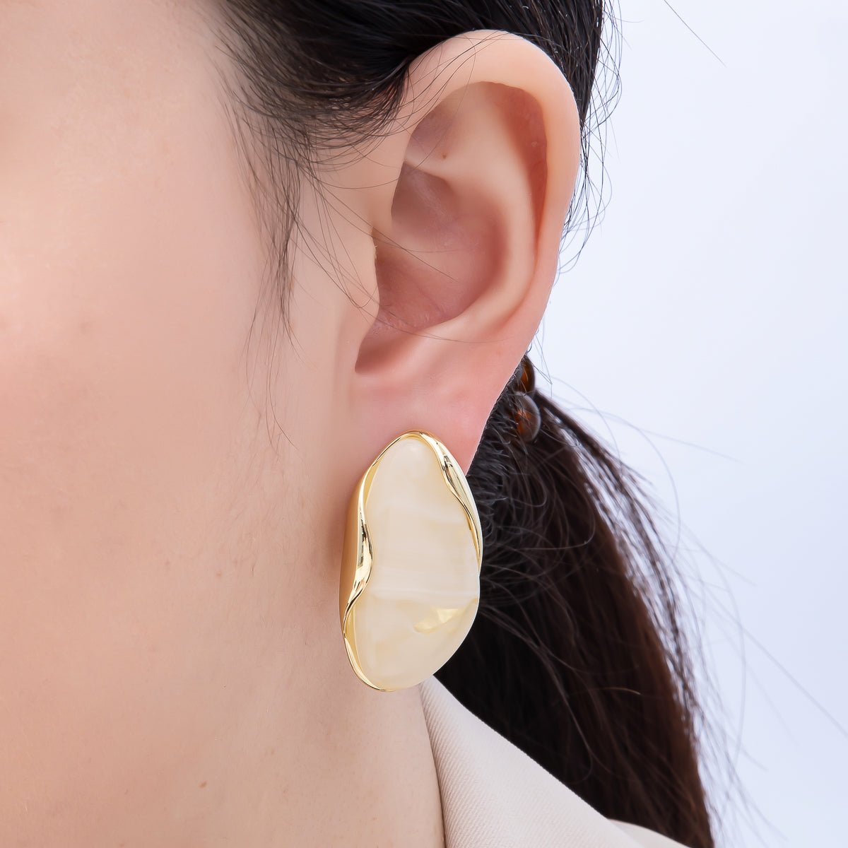 16K Gold Filled 36mm Tortoise Shell, Creamy White Resin Molten Stud Earrings | Earrings-00361 Earrings-00362