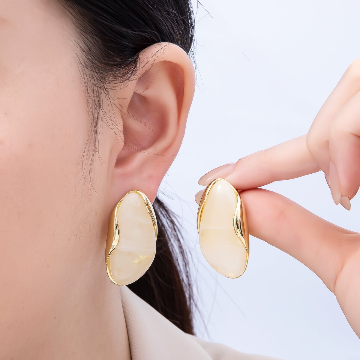 16K Gold Filled 36mm Tortoise Shell, Creamy White Resin Molten Stud Earrings | Earrings-00361 Earrings-00362