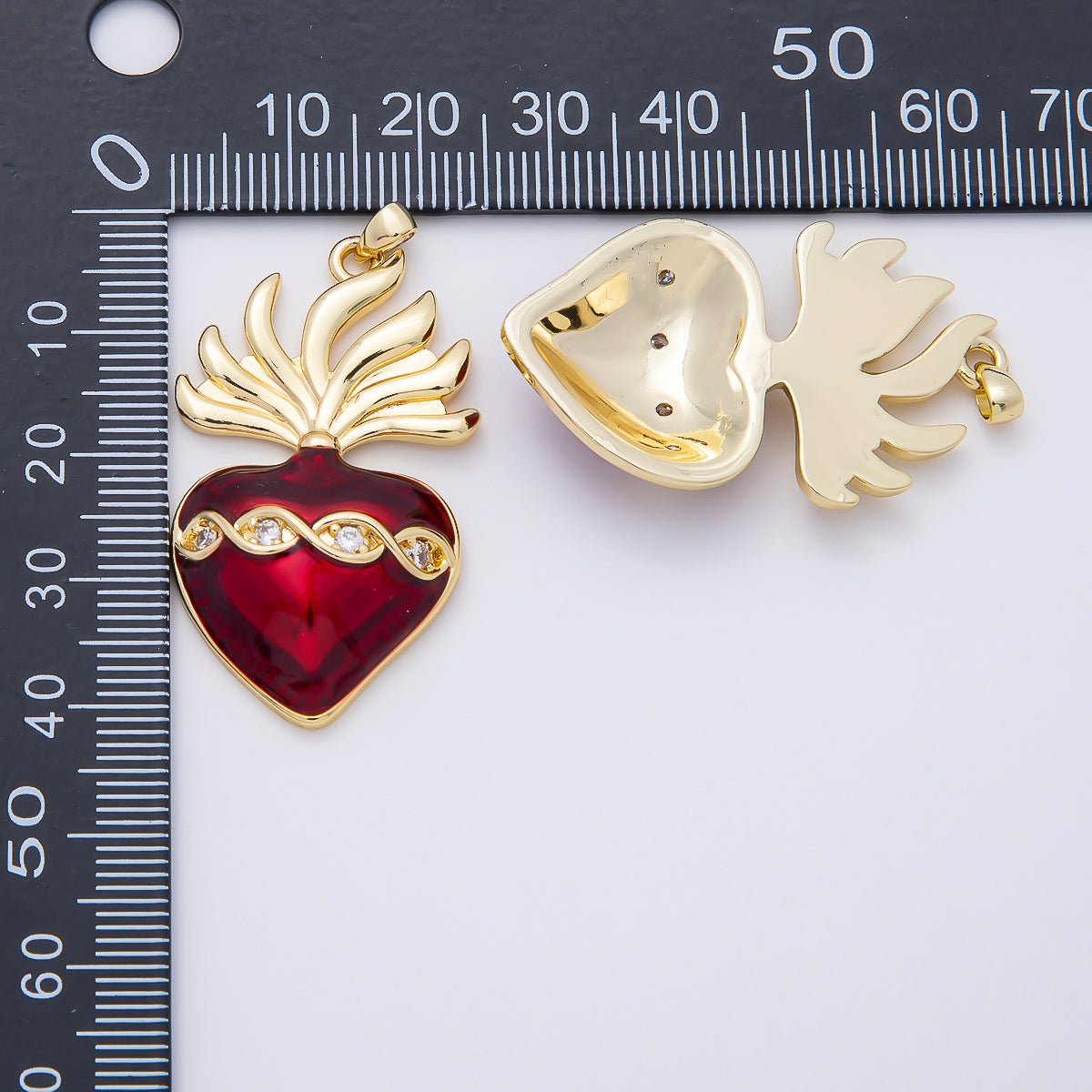 16K Gold Filled 39mm CZ Red Enamel Sacred Heart Religious Pendant | Charms-01061