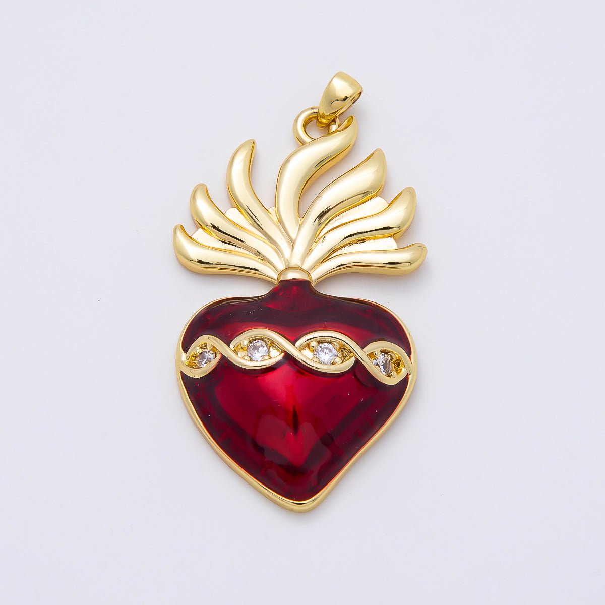 16K Gold Filled 39mm CZ Red Enamel Sacred Heart Religious Pendant | Charms-01061