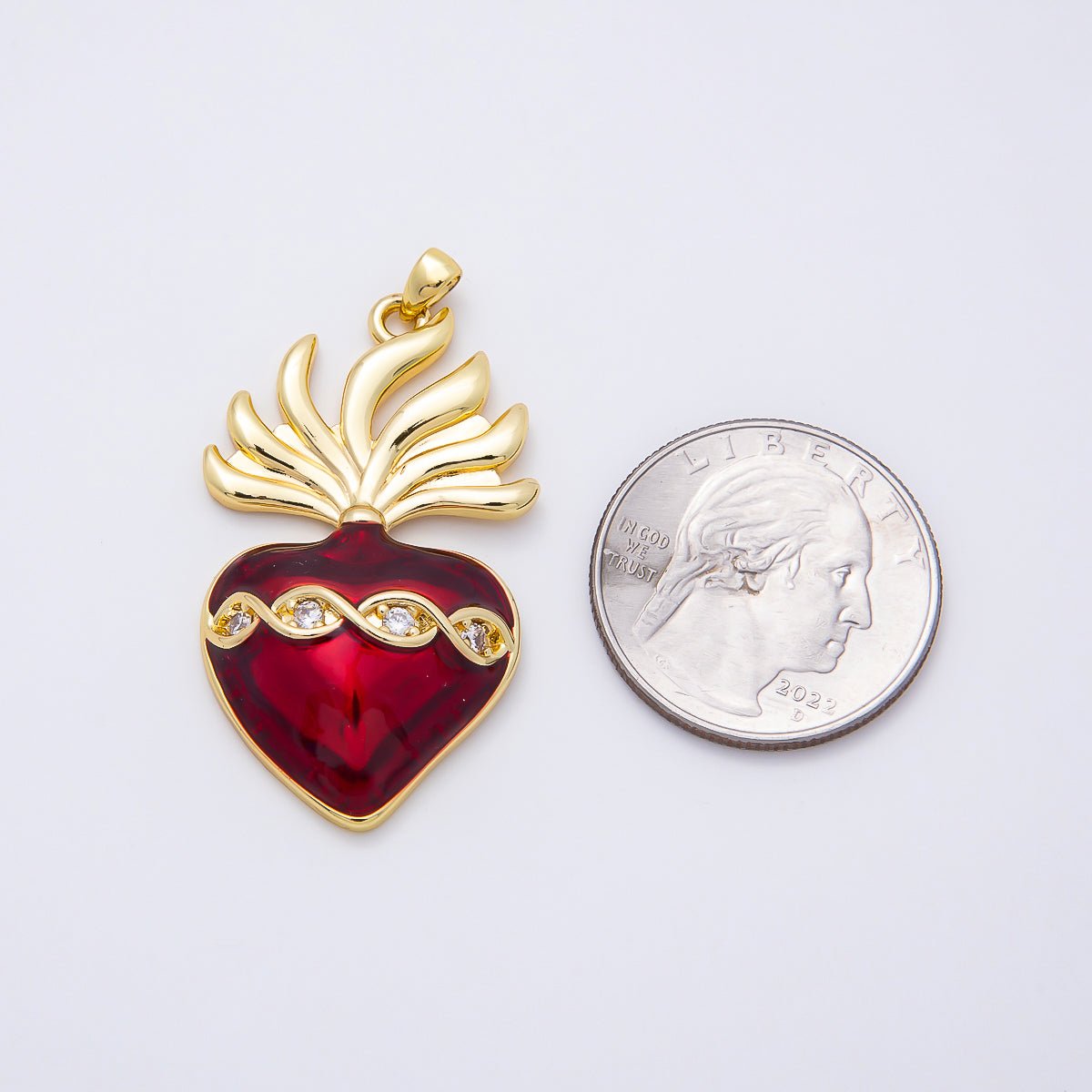 16K Gold Filled 39mm CZ Red Enamel Sacred Heart Religious Pendant | Charms-01061
