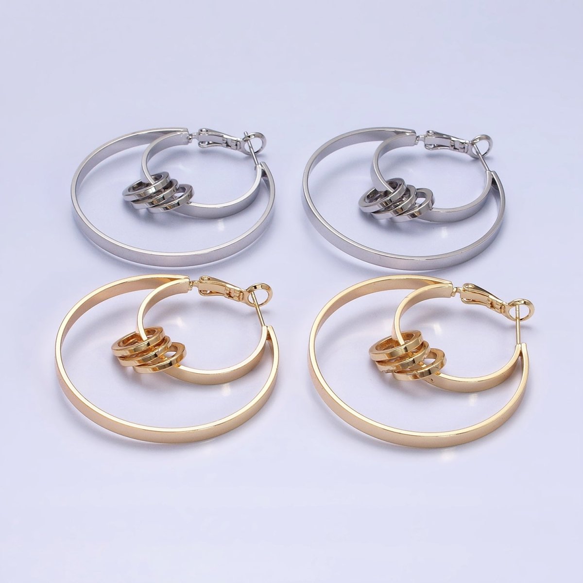 16K Gold Filled 40mm Multiple Round Band Geometric Hinge Hoop Earrings in Gold & Silver | AE051 AE052