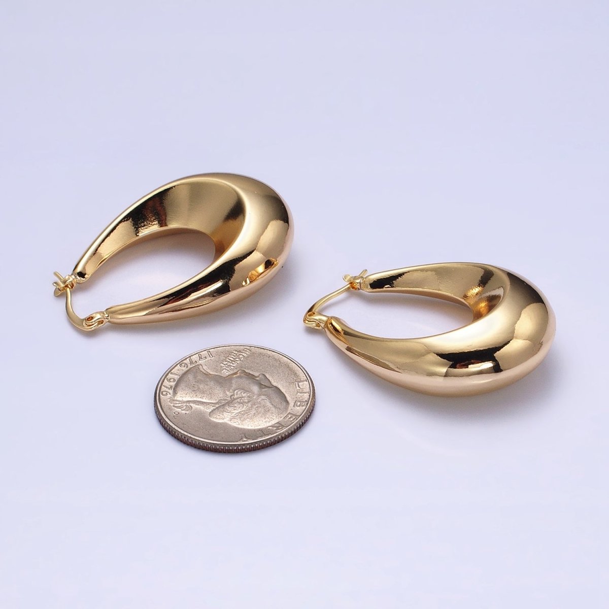 16K Gold Filled 40mm Oblong U-Curved Dome Latch French Lock Hoop Earrings in Gold & Silver | AD-887 AD-888