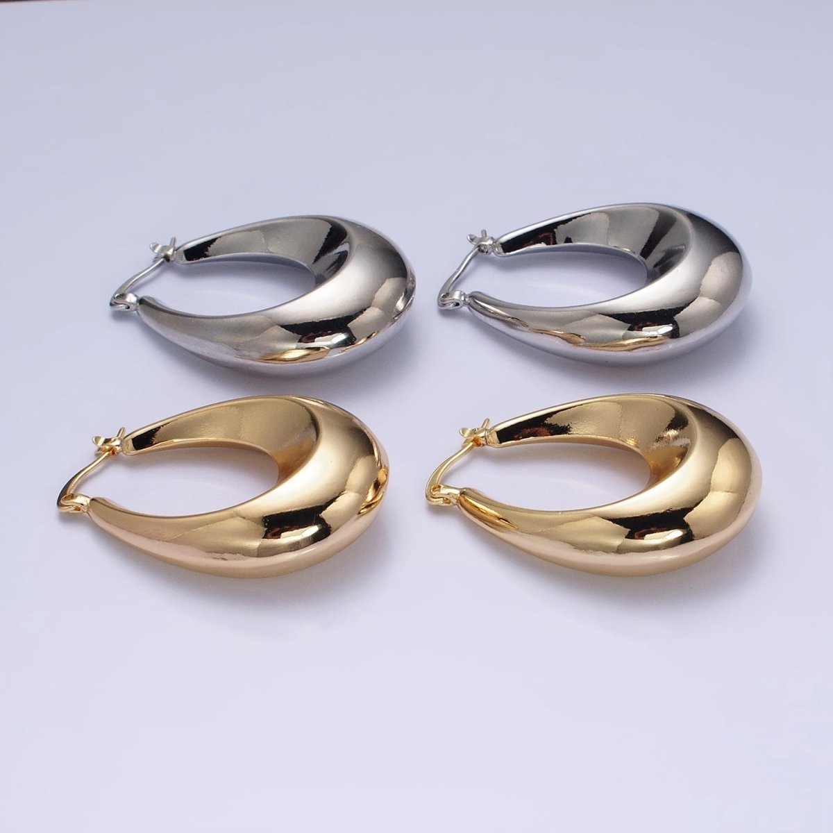 16K Gold Filled 40mm Oblong U-Curved Dome Latch French Lock Hoop Earrings in Gold & Silver | AD-887 AD-888