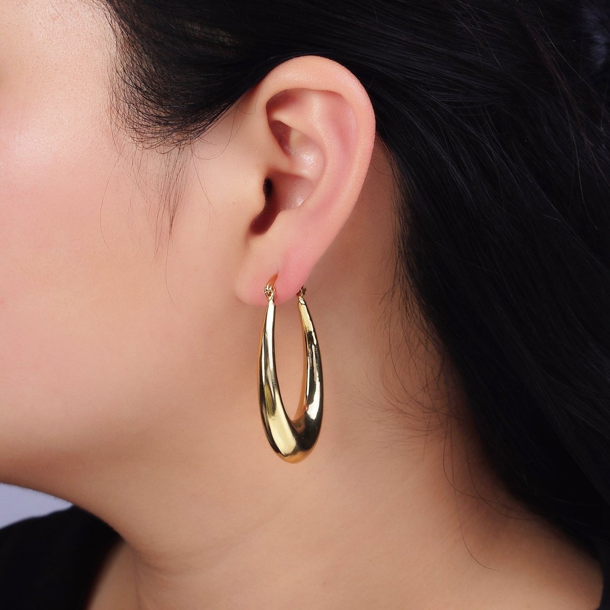 16K Gold Filled 46.5mm Oblong Chubby Dome French Lock Latch Earrings | AE068