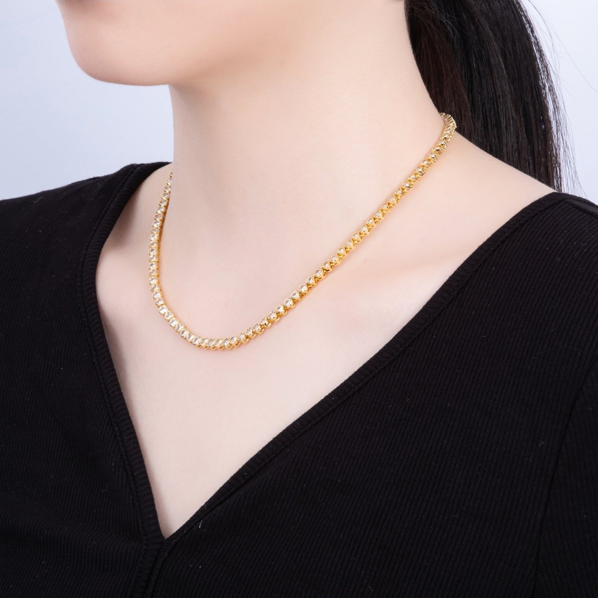 16K Gold Filled 4mm Clear CZ Round Heart Tennis Chain 16 Inch Adjustable Necklace | WA-04244
