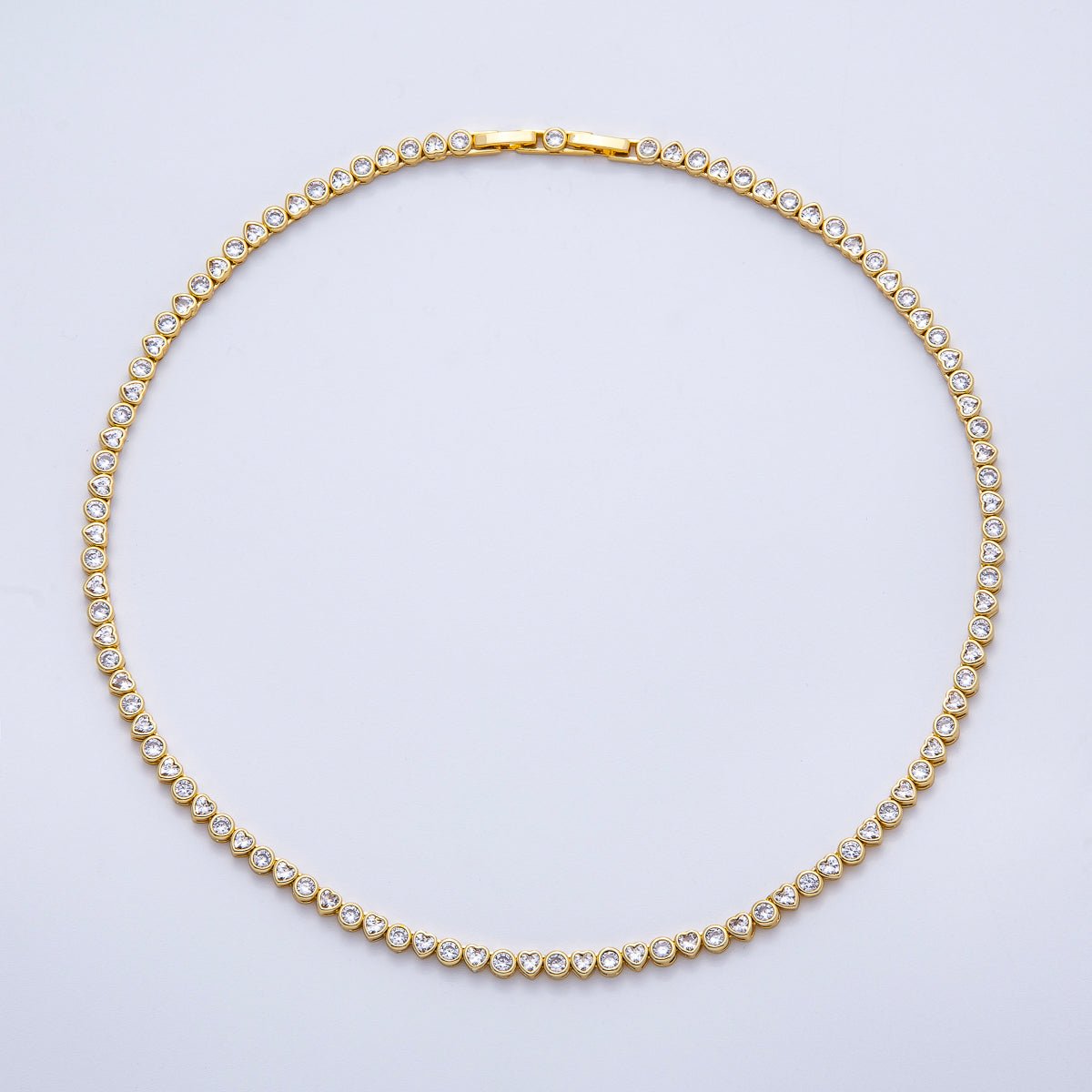 16K Gold Filled 4mm Clear CZ Round Heart Tennis Chain 16 Inch Adjustable Necklace | WA-04244