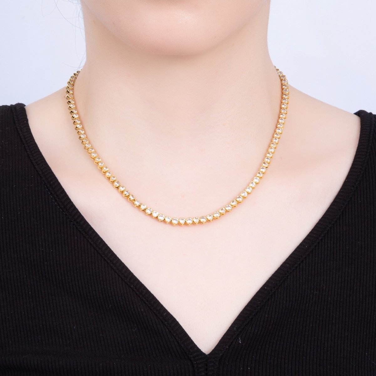16K Gold Filled 4mm Clear CZ Round Heart Tennis Chain 16 Inch Adjustable Necklace | WA-04244
