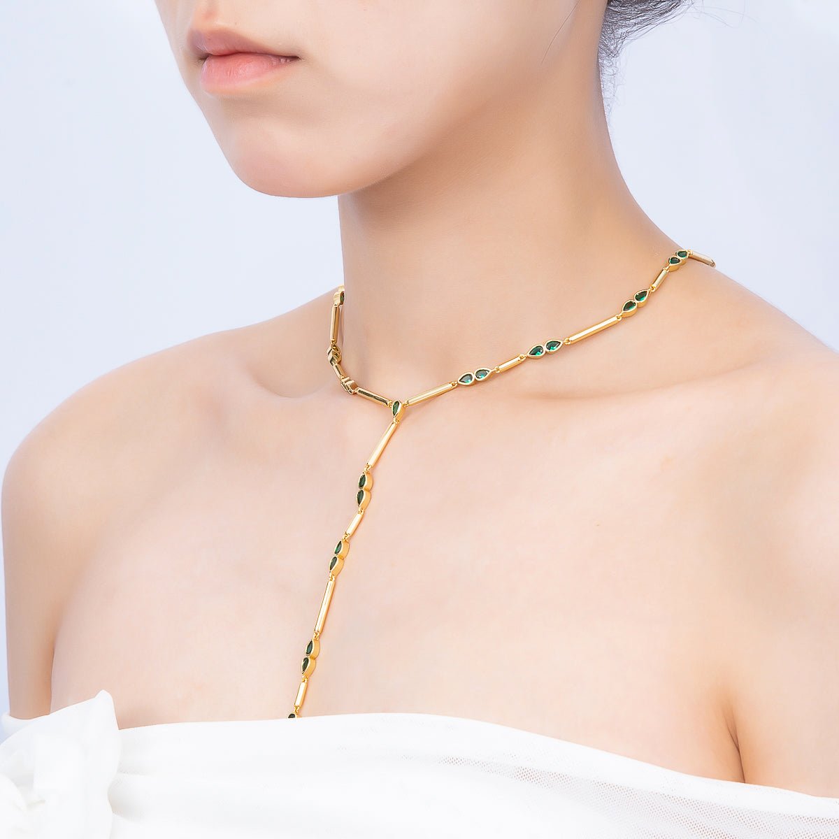 16K Gold Filled 4mm Clear, Green, Fuchsia CZ Teardrop Bar Lariat 17.5 Inch Necklace | WA-00146 WA-00152 WA-00185