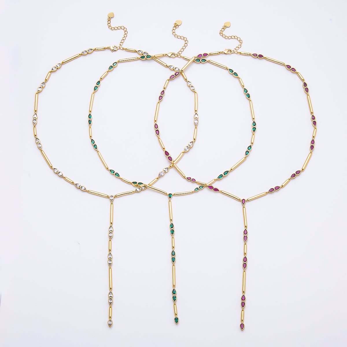 16K Gold Filled 4mm Clear, Green, Fuchsia CZ Teardrop Bar Lariat 17.5 Inch Necklace | WA-00146 WA-00152 WA-00185